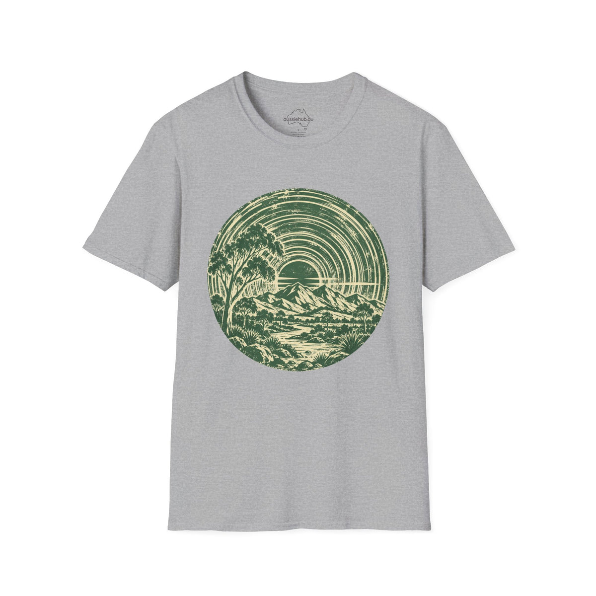 T-Shirt — Vintage Green Bush Sunset Circle Graphic