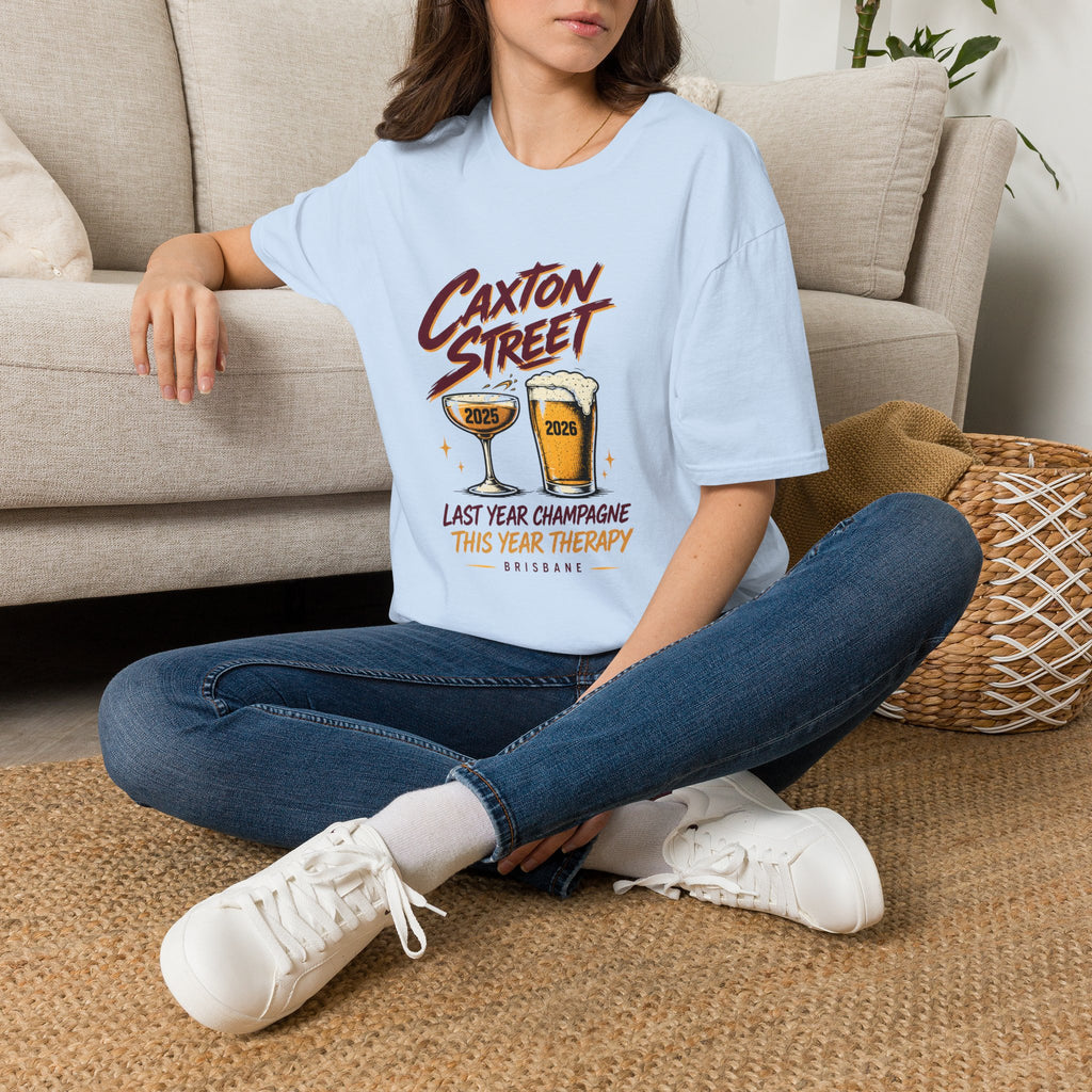 Caxton Street Rugby League T-Shirt — "Last Year Champagne, This Year Therapy" Retro Fan Humor Tee