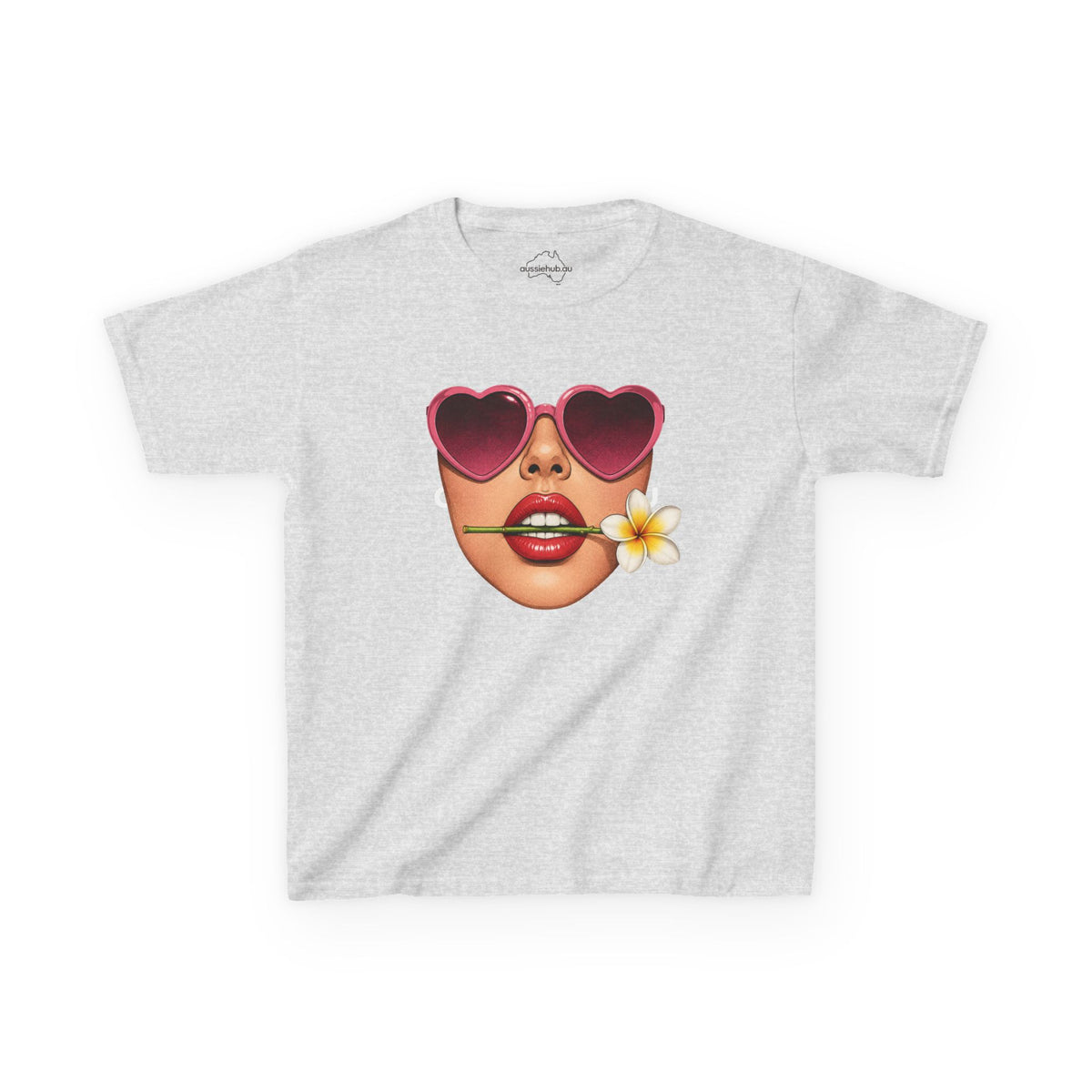 Kids Tee — Heart Sunglasses Girl Face with Frangipani Flower
