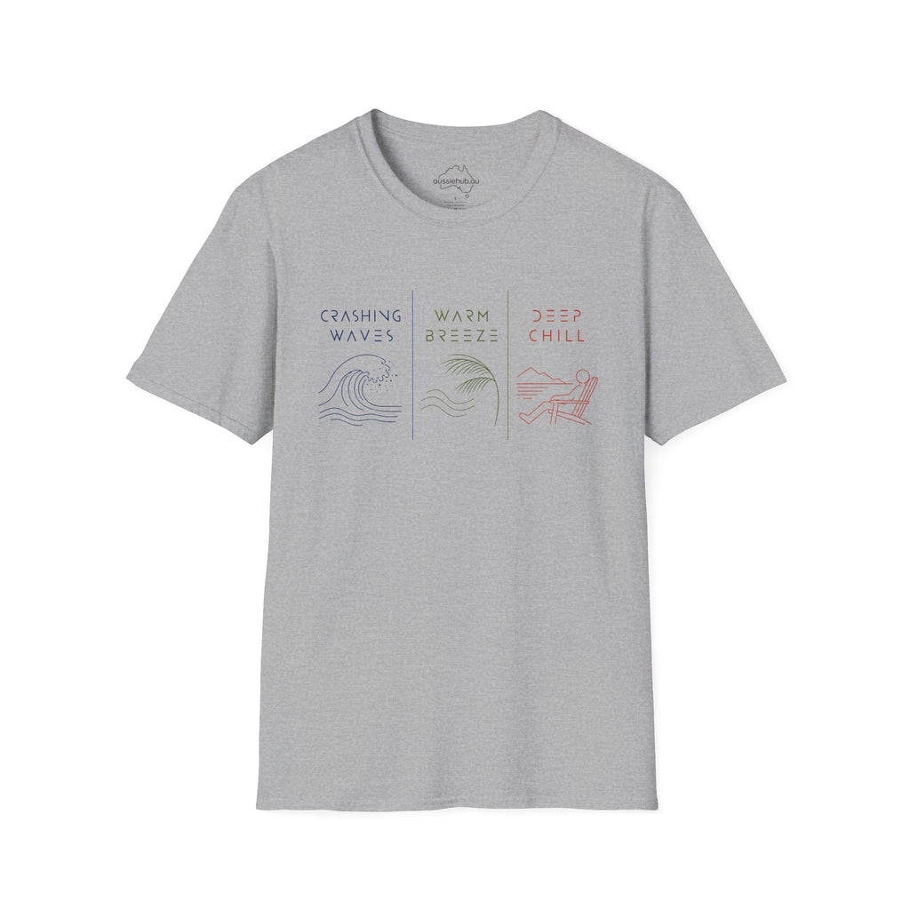 Crashing Waves • Warm Breeze • Deep Chill - Minimal Beach Vibes T-Shirt