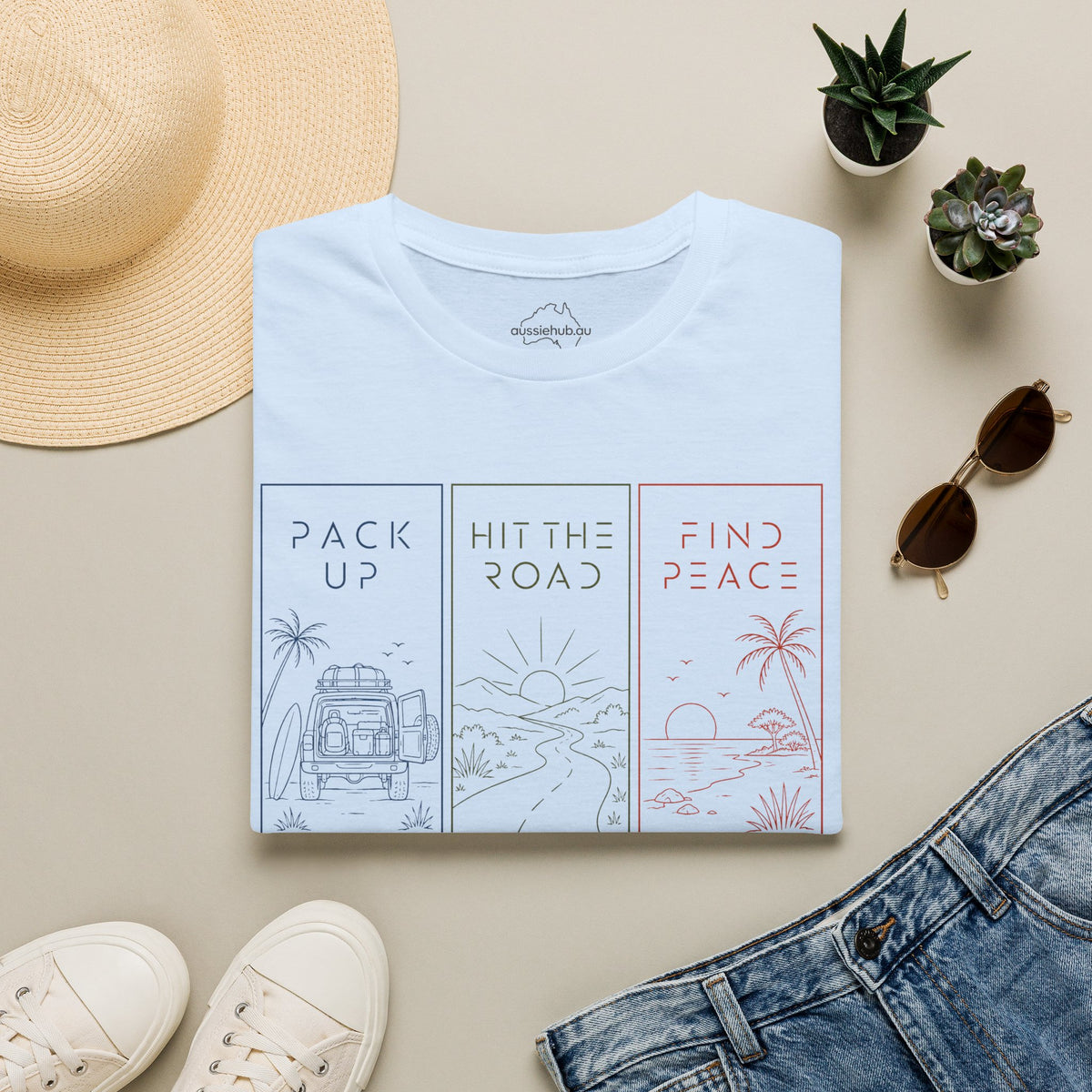 Pack Up * Hit The Road * Find Peace | Unique Minimal Wellness Graphic T-Shirt