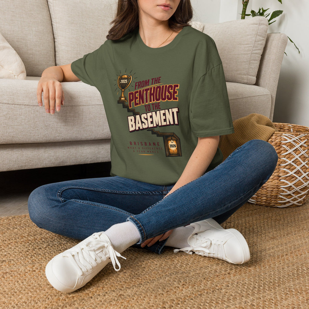 Brisbane Rugby League Fan T-Shirt — "From The Penthouse to The Basement" Retro Fan Humor Tee