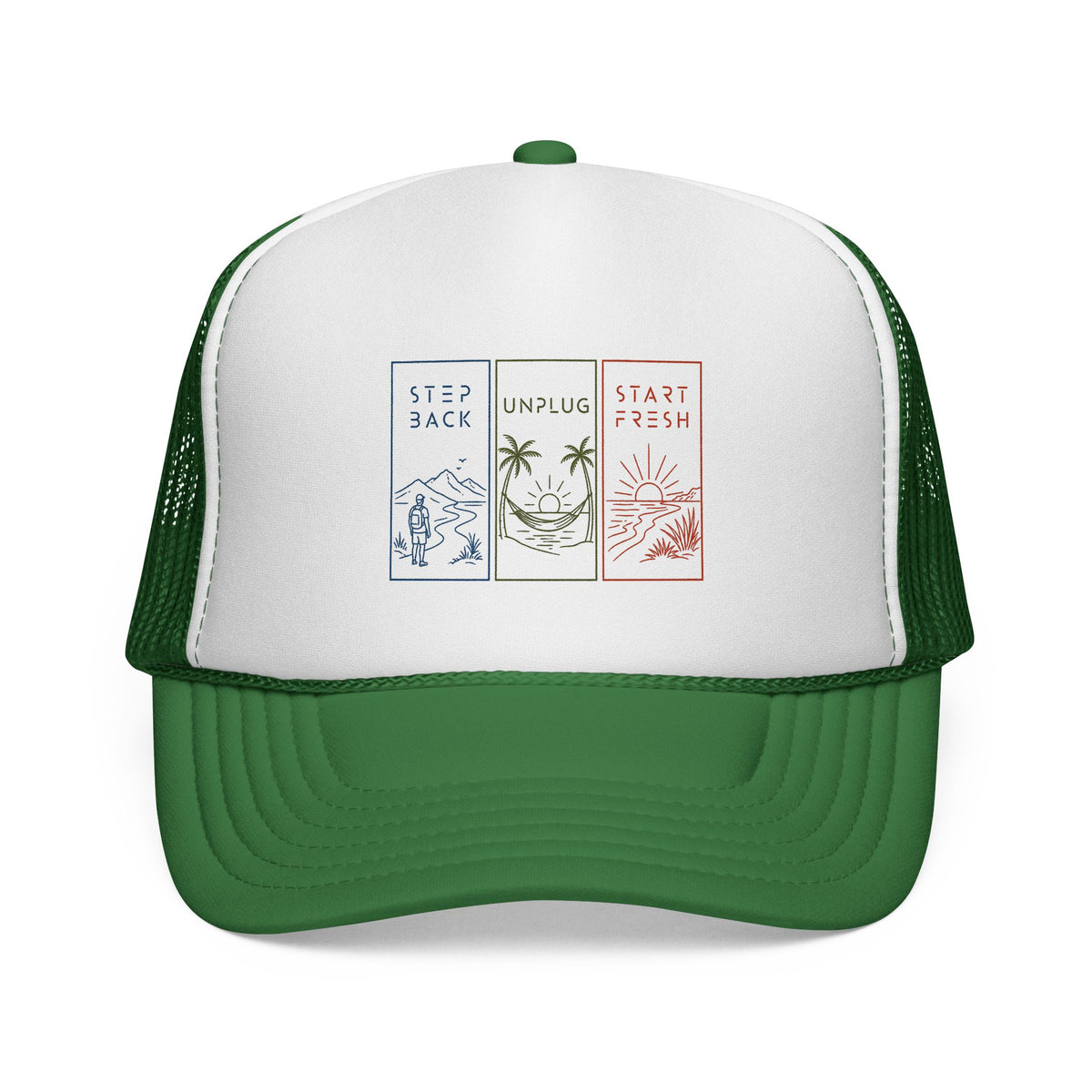 "Step Back • Unplug • Start Fresh" | Trucker Hat — Wellness Trio Outdoor Adventure Mesh Cap
