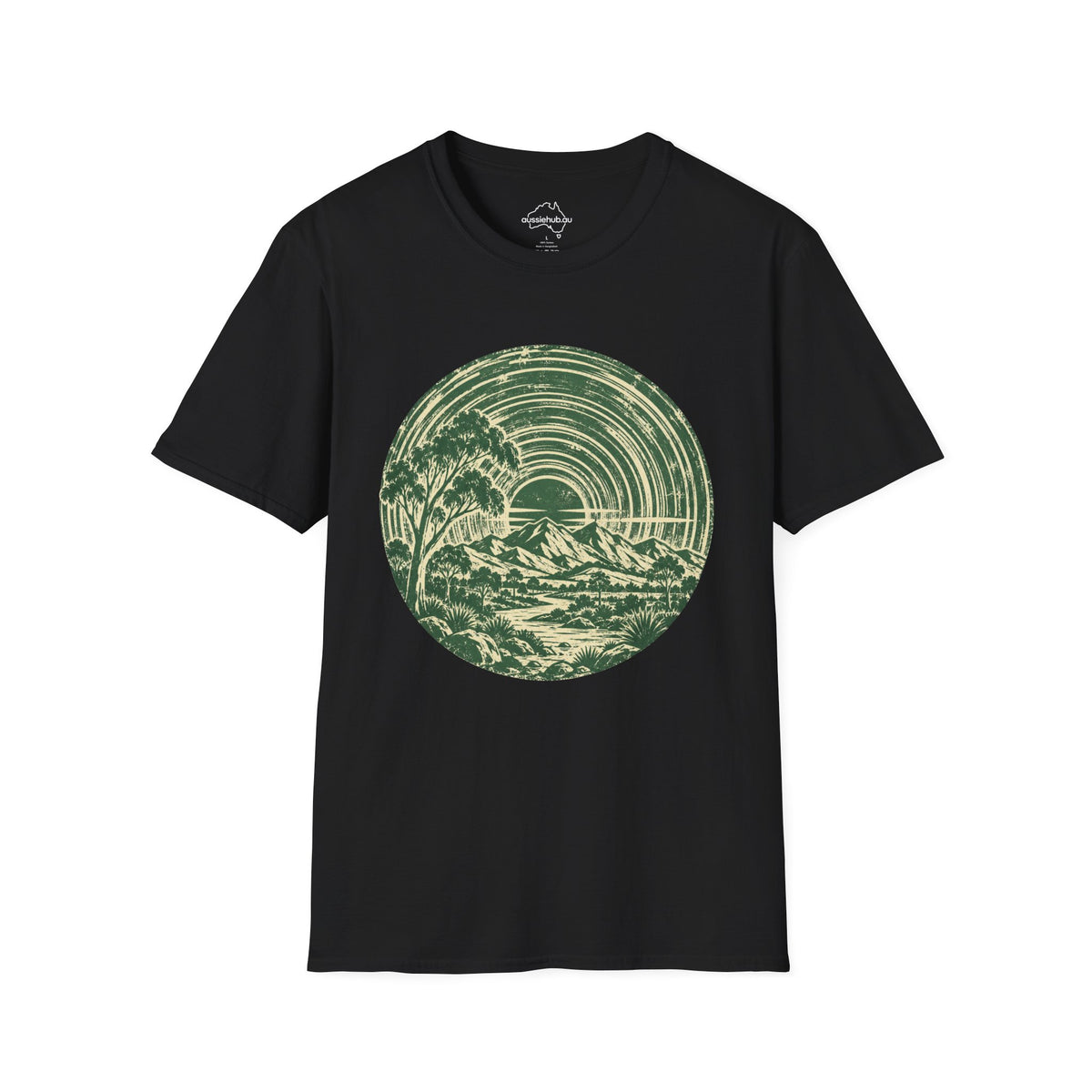 T-Shirt — Vintage Green Bush Sunset Circle Graphic