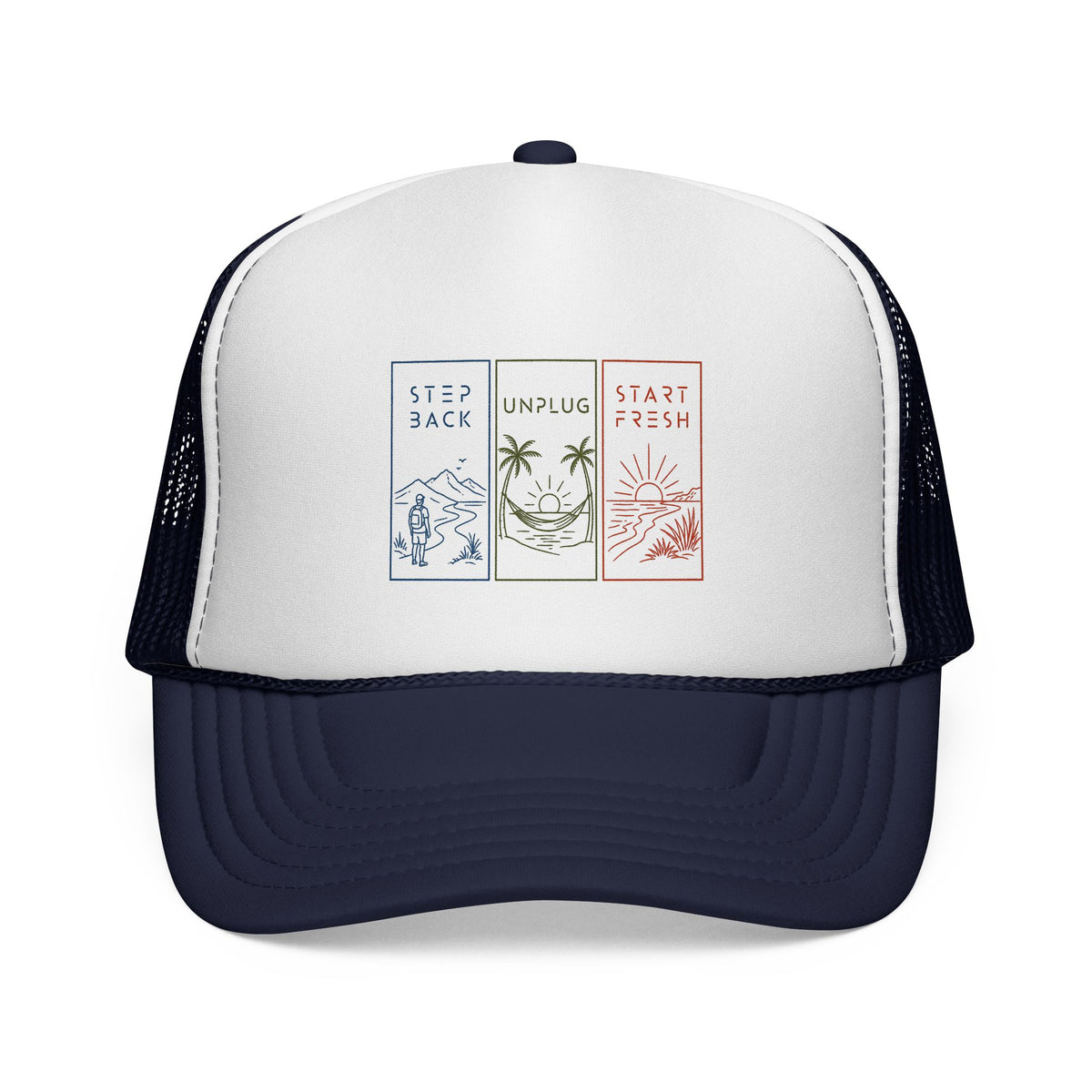 "Step Back • Unplug • Start Fresh" | Trucker Hat — Wellness Trio Outdoor Adventure Mesh Cap
