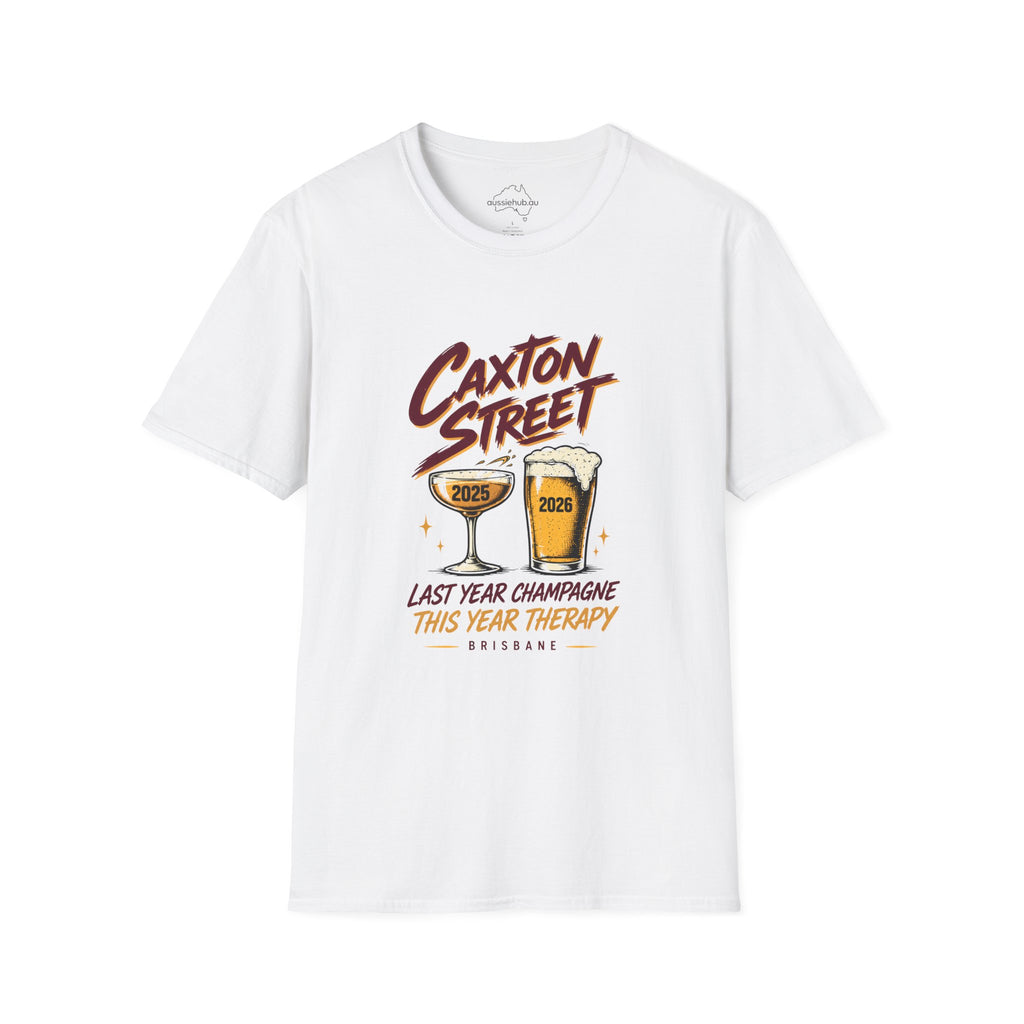 Caxton Street Rugby League T-Shirt — "Last Year Champagne, This Year Therapy" Retro Fan Humor Tee