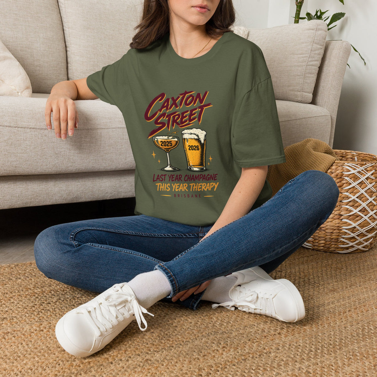 Caxton Street Rugby League T-Shirt — "Last Year Champagne, This Year Therapy" Retro Fan Humor Tee