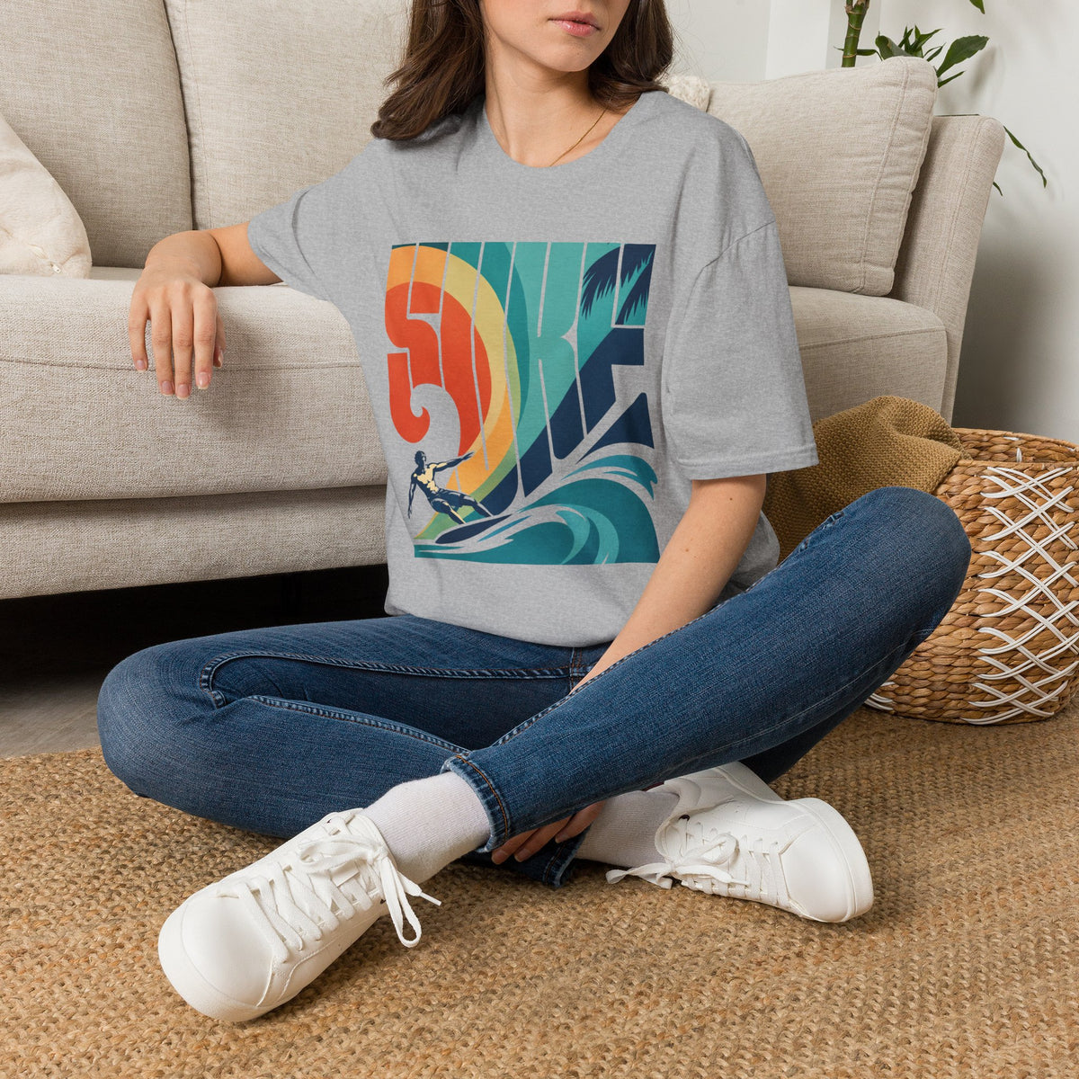 Retro Rainbow Wave Surfing Tee