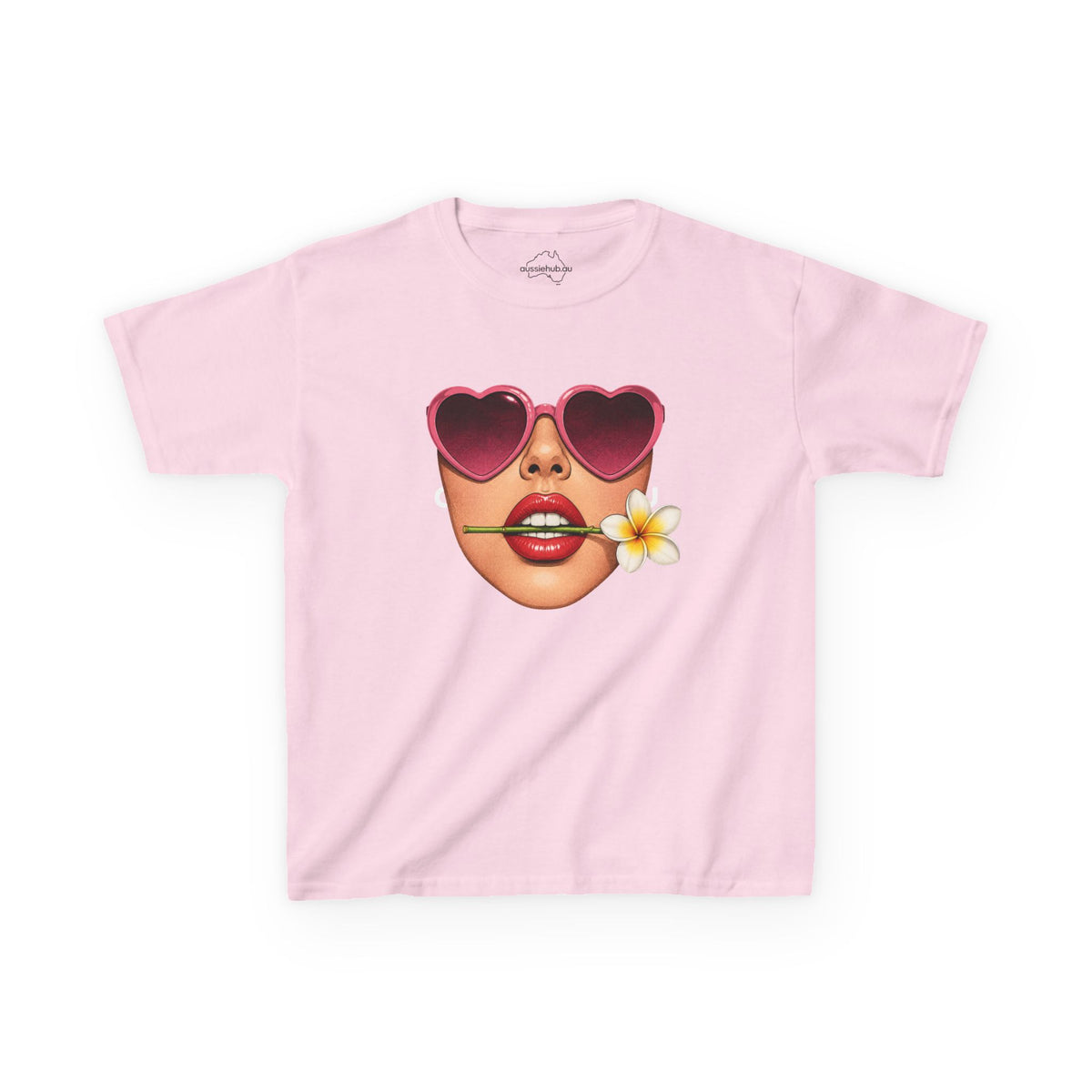 Kids Tee — Heart Sunglasses Girl Face with Frangipani Flower