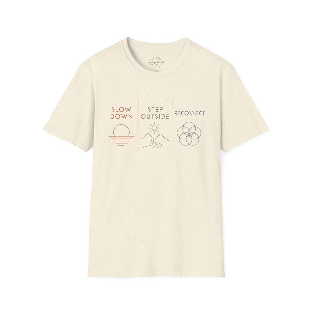 Slow Down • Step Outside • Reconnect T-Shirt — Minimal Wellness Graphic Tee