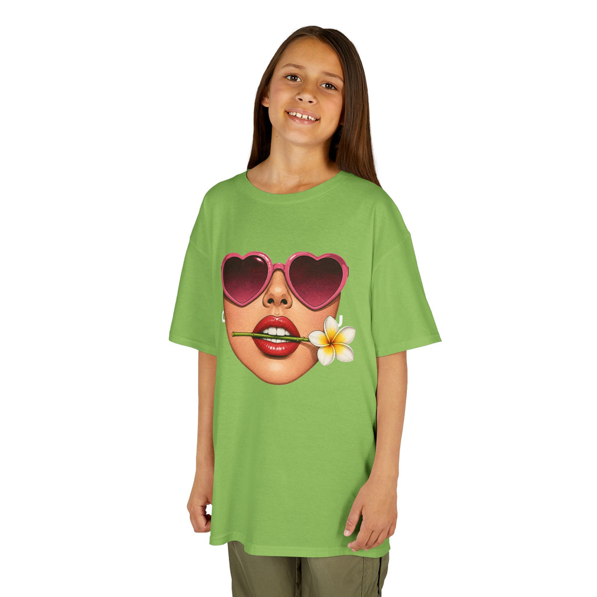 Kids Tee — Heart Sunglasses Girl Face with Frangipani Flower