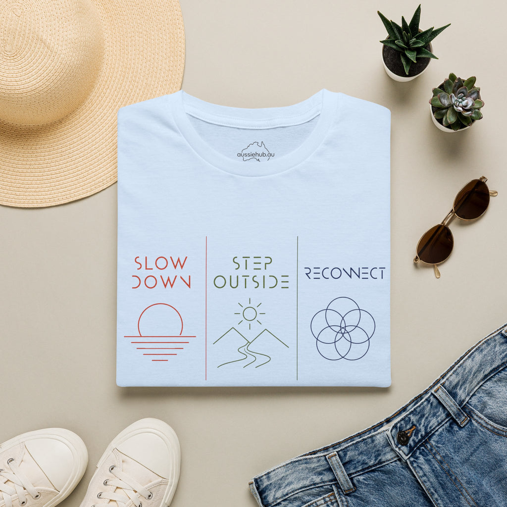 Slow Down • Step Outside • Reconnect T-Shirt — Minimal Wellness Graphic Tee