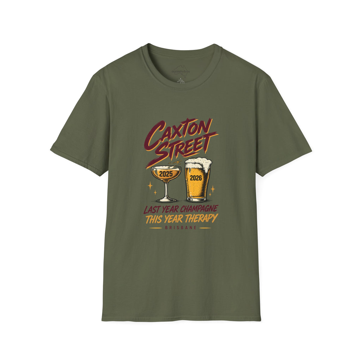 Caxton Street Rugby League T-Shirt — "Last Year Champagne, This Year Therapy" Retro Fan Humor Tee