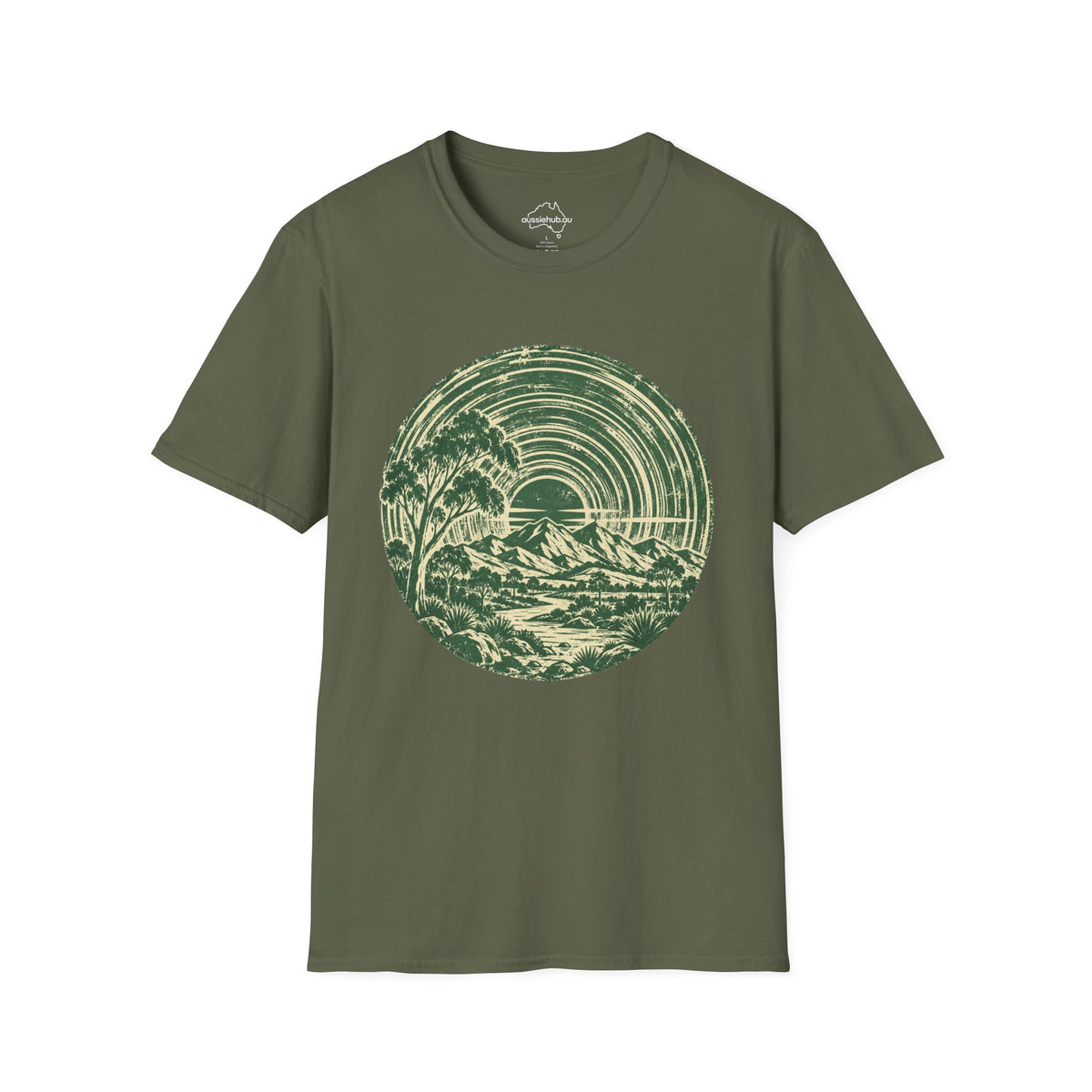 T-Shirt — Vintage Green Bush Sunset Circle Graphic