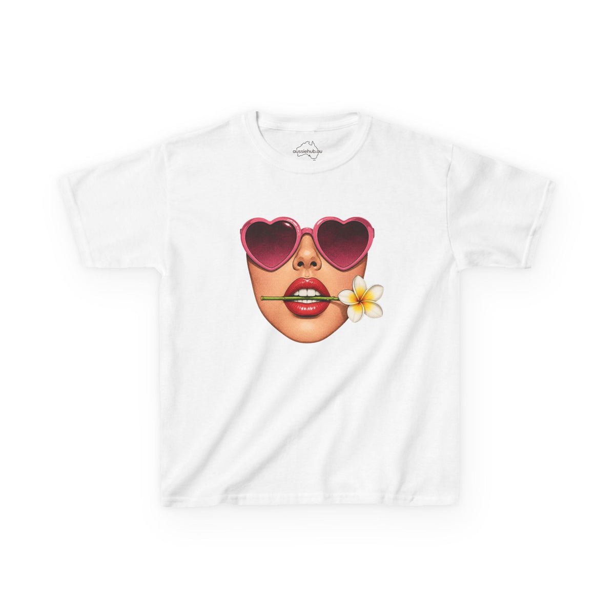 Kids Tee — Heart Sunglasses Girl Face with Frangipani Flower