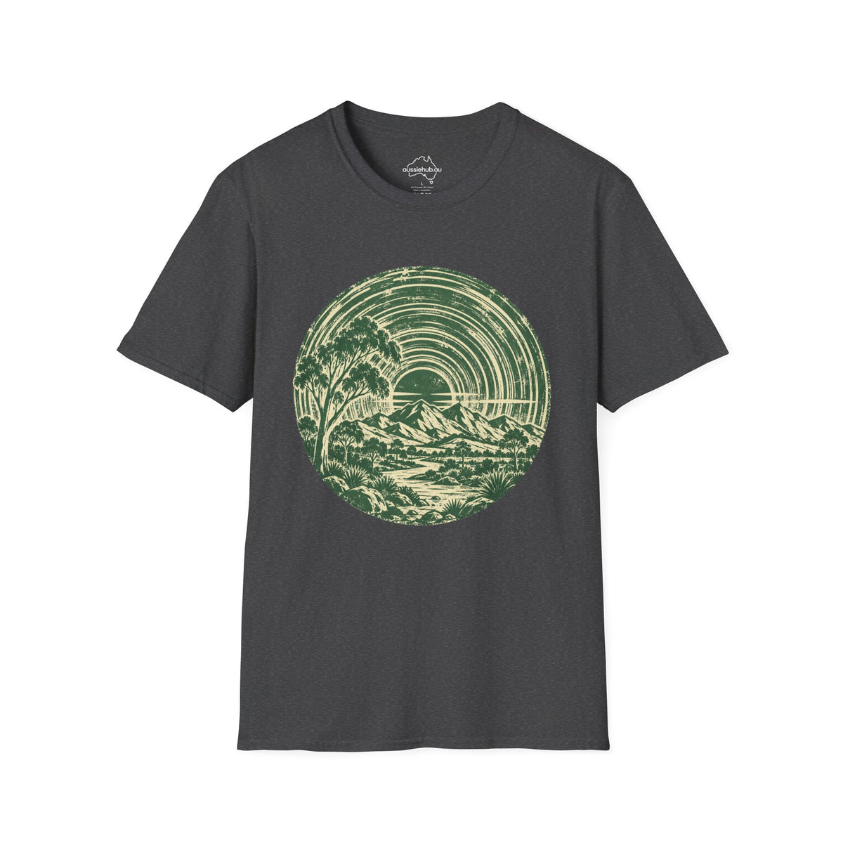 T-Shirt — Vintage Green Bush Sunset Circle Graphic