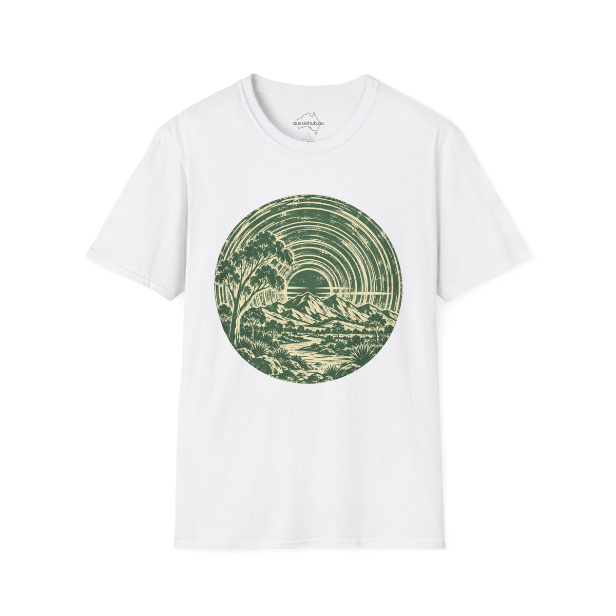 T-Shirt — Vintage Green Bush Sunset Circle Graphic