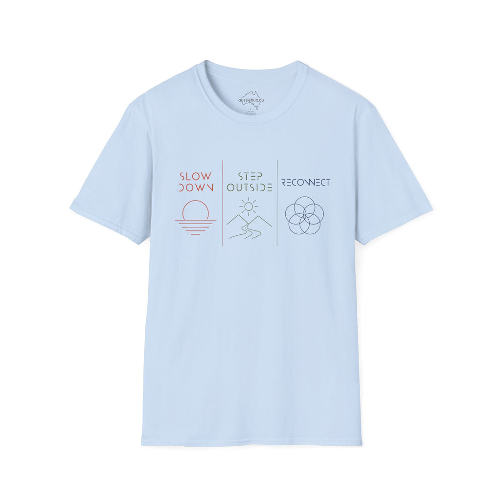 Slow Down • Step Outside • Reconnect T-Shirt — Minimal Wellness Graphic Tee