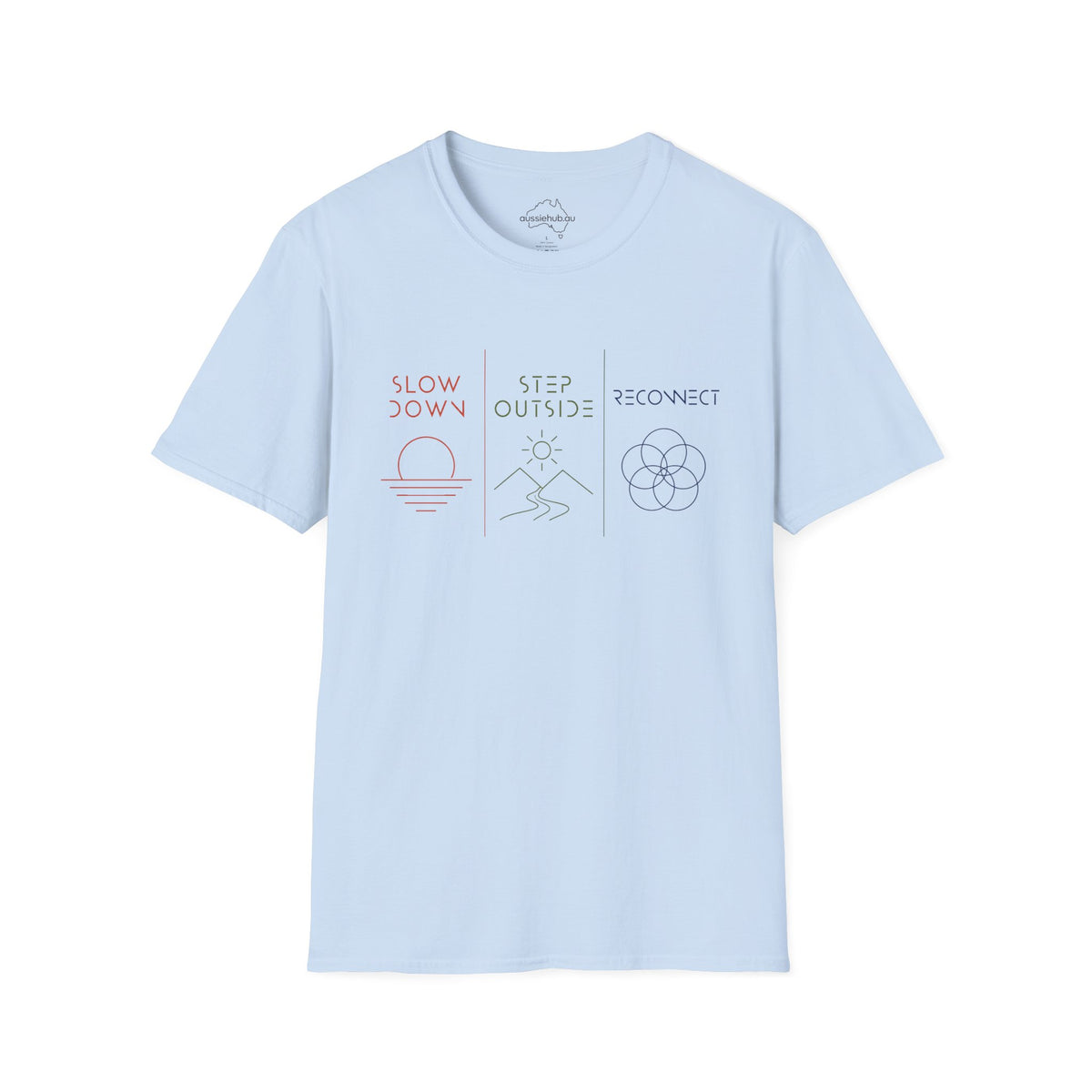 Slow Down • Step Outside • Reconnect T-Shirt — Minimal Wellness Graphic Tee