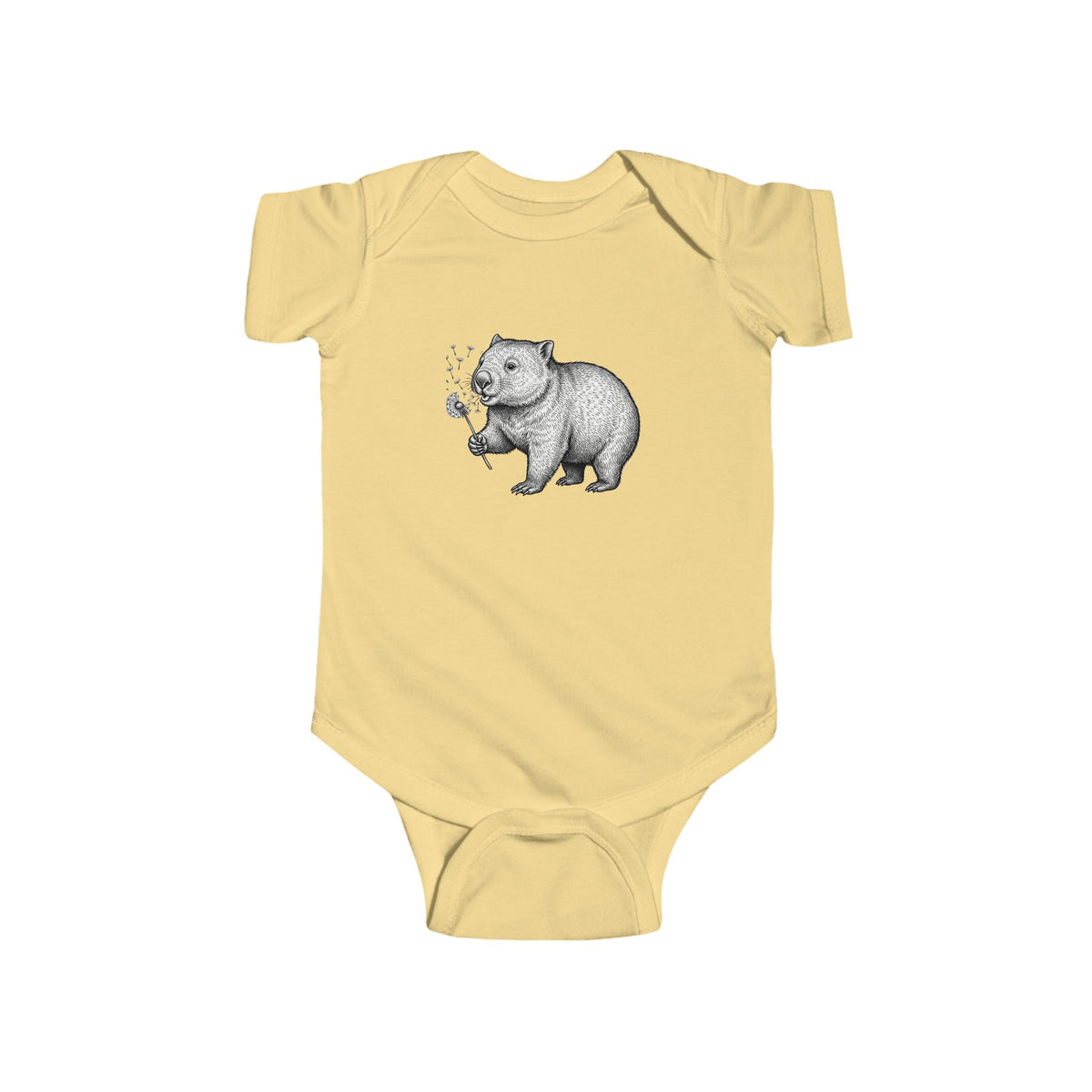 Wombat Blowing Dandelion Illustration Bodysuit | Baby Onesie