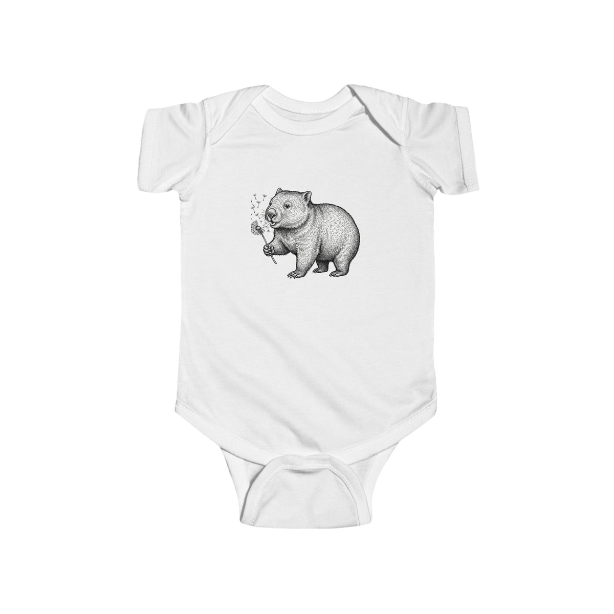 Wombat Blowing Dandelion Illustration Bodysuit | Baby Onesie