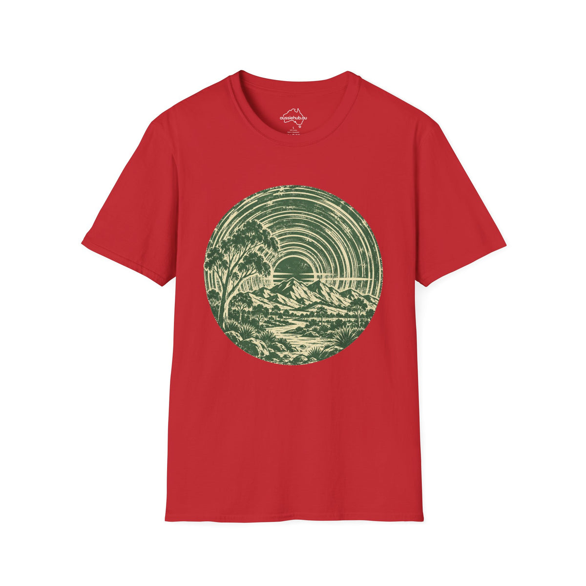 T-Shirt — Vintage Green Bush Sunset Circle Graphic