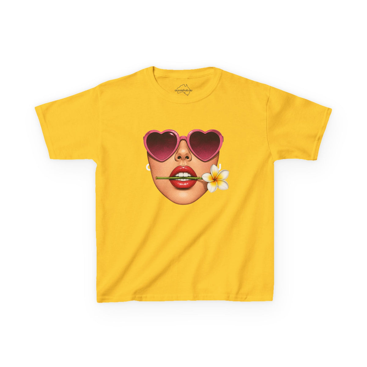 Kids Tee — Heart Sunglasses Girl Face with Frangipani Flower