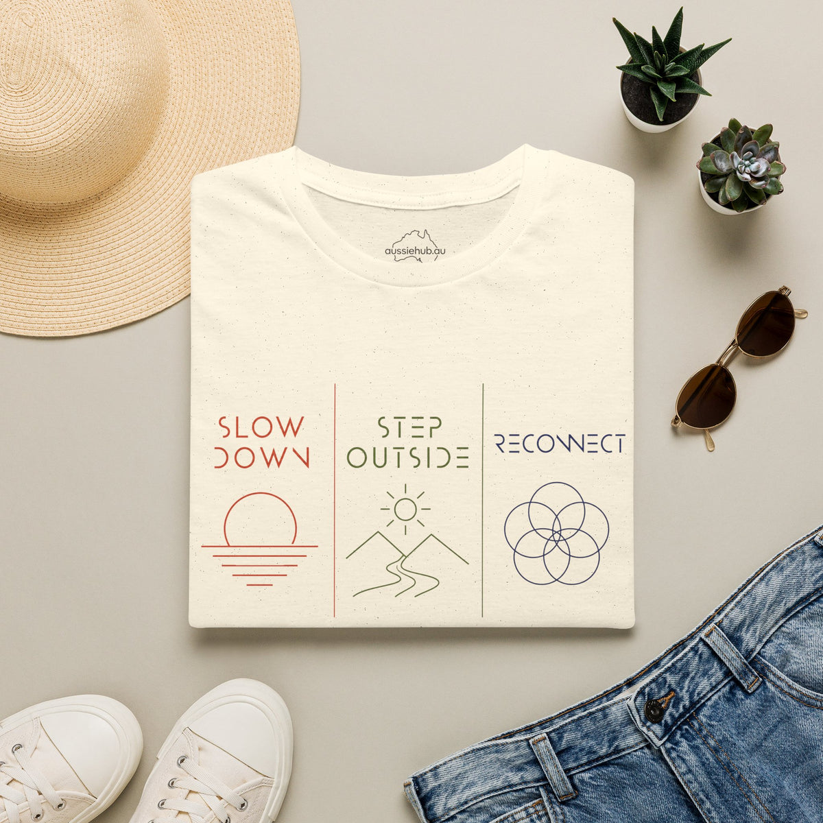 Slow Down • Step Outside • Reconnect T-Shirt — Minimal Wellness Graphic Tee