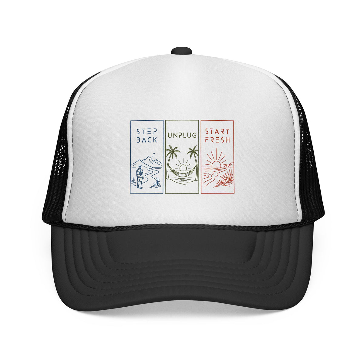 "Step Back • Unplug • Start Fresh" | Trucker Hat — Wellness Trio Outdoor Adventure Mesh Cap
