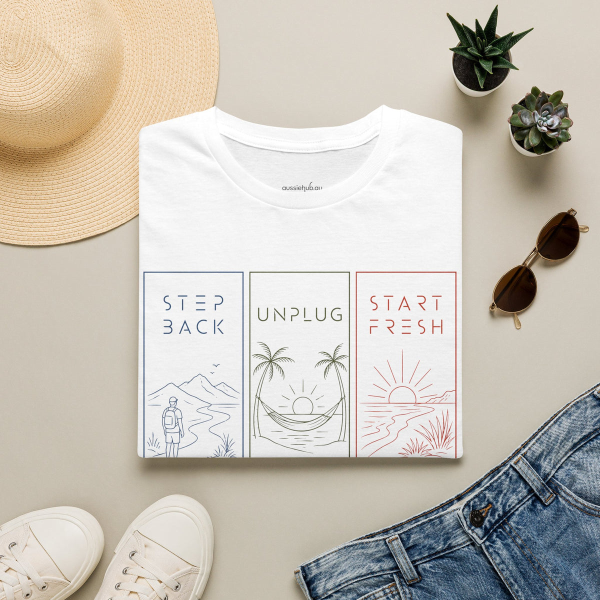 Step Back * Unplug * Start Fresh | Unique Minimal Wellness Graphic T-Shirt