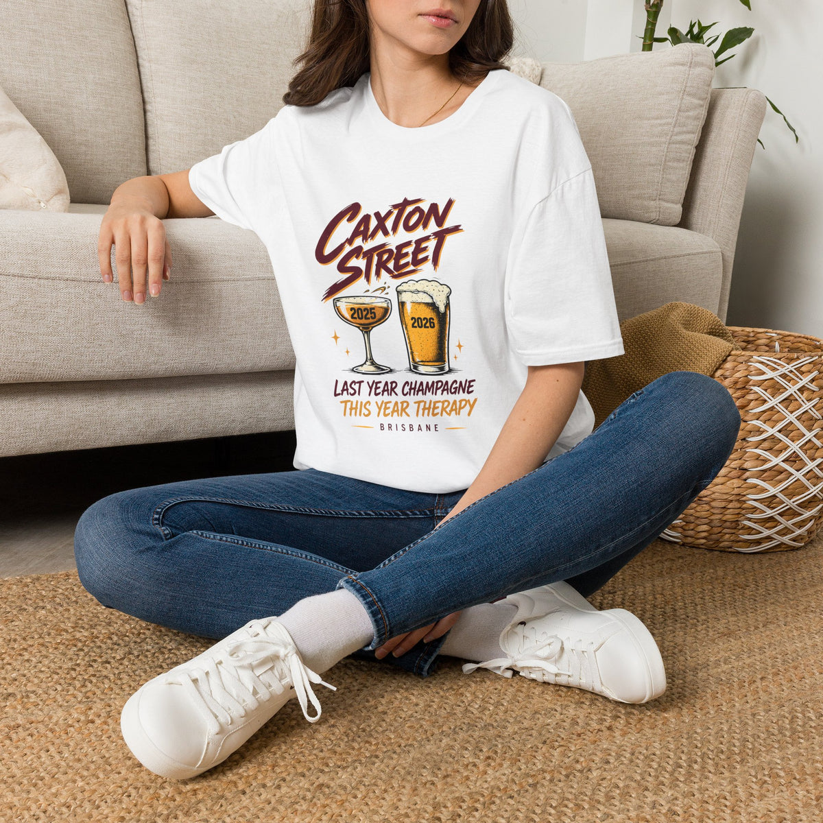 Caxton Street Rugby League T-Shirt — "Last Year Champagne, This Year Therapy" Retro Fan Humor Tee