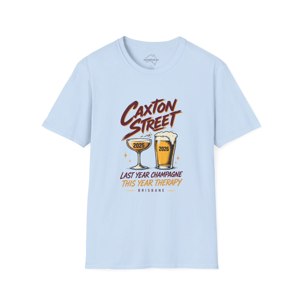 Caxton Street Rugby League T-Shirt — "Last Year Champagne, This Year Therapy" Retro Fan Humor Tee