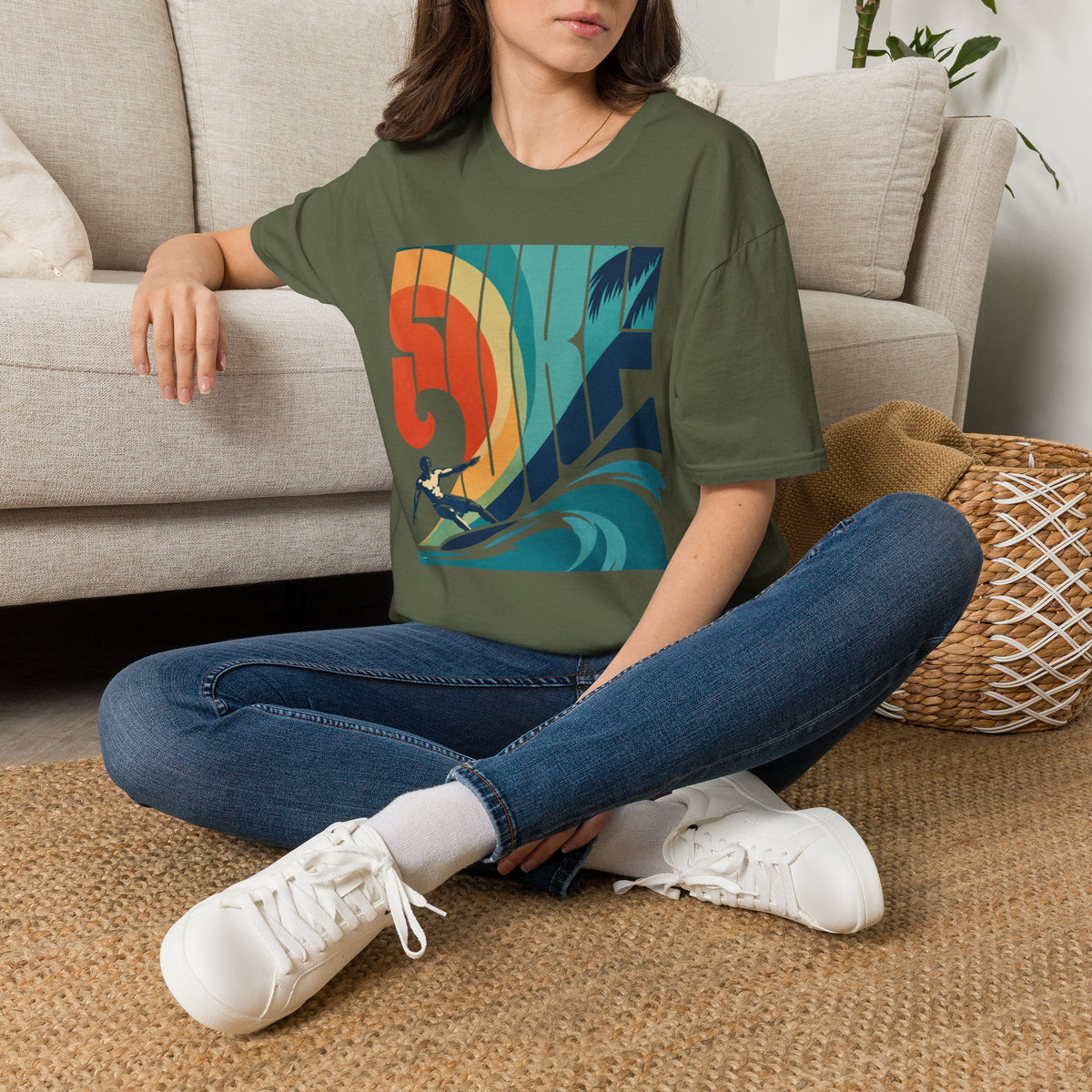 Retro Rainbow Wave Surfing Tee