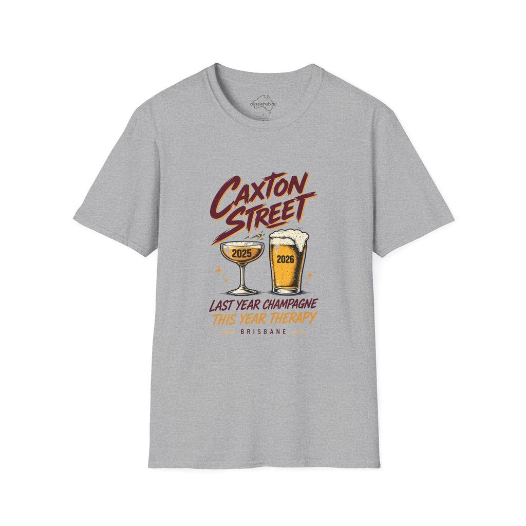Caxton Street Rugby League T-Shirt — "Last Year Champagne, This Year Therapy" Retro Fan Humor Tee