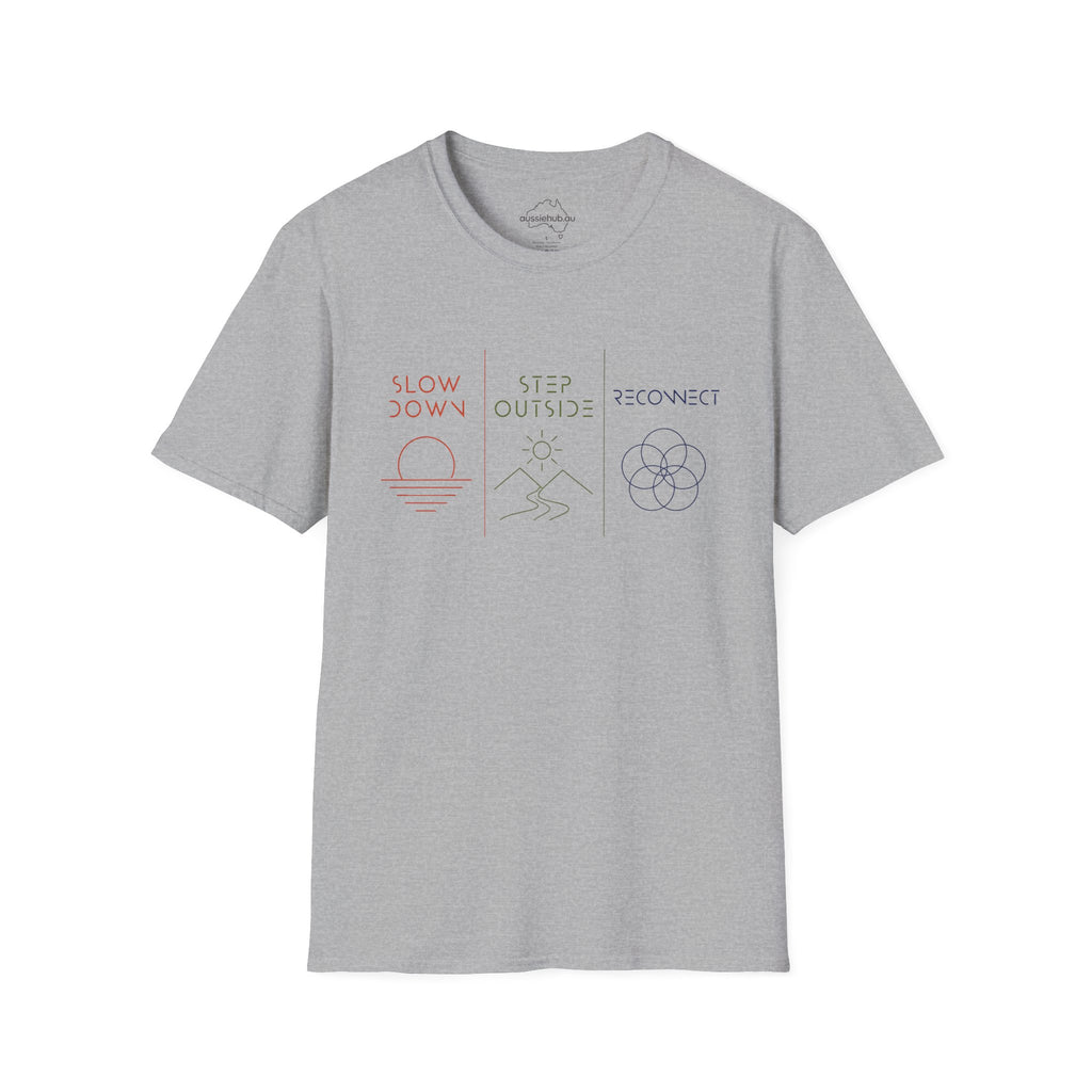 Slow Down • Step Outside • Reconnect T-Shirt — Minimal Wellness Graphic Tee