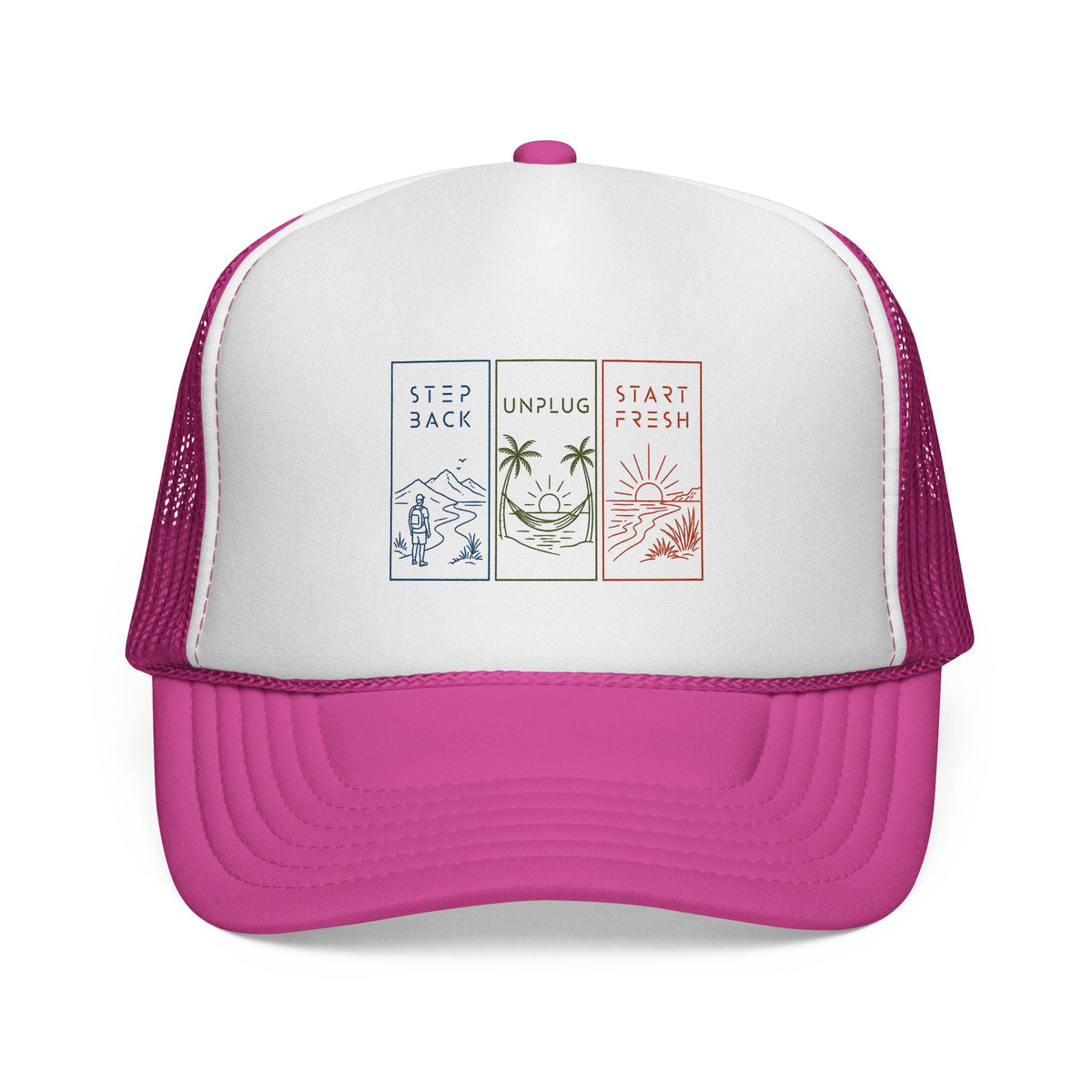 "Step Back • Unplug • Start Fresh" | Trucker Hat — Wellness Trio Outdoor Adventure Mesh Cap